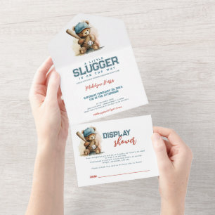 Baseball Teddy Bär Junge QR Anzeige  Baby Shower All In One Einladung