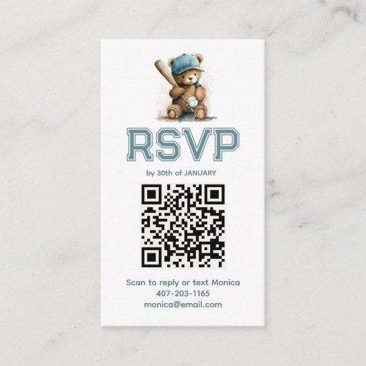 Baseball Teddy Bear Baby Shower QR Code RSVP  Begleitkarte (Vorderseite)