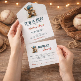 Baseball Teddy Bear Boy QR Display  Baby Shower All In One Einladung