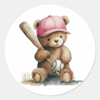 Baseball Teddy Bear Pink Cap Girl Baby Shower Runder Aufkleber