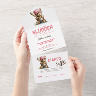 Baseball Teddy Bear QR RSVP Diaper raffle All In One Einladung