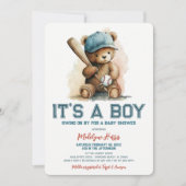 Baseball Teddy Bear Watercolor Boy Babydusche Einladung (Vorderseite)