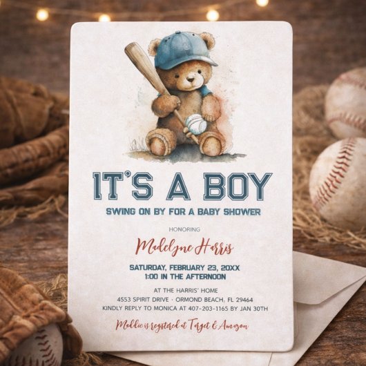 Baseball Teddy Bear Watercolor Boy Babydusche Einladung