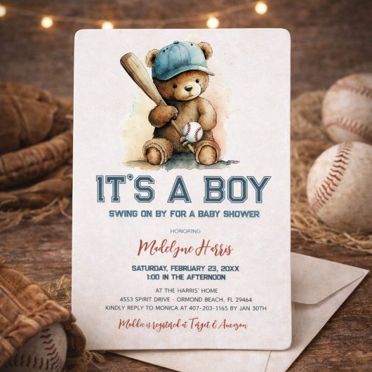 Baseball Teddy Bear Watercolor Boy Babydusche Einladung