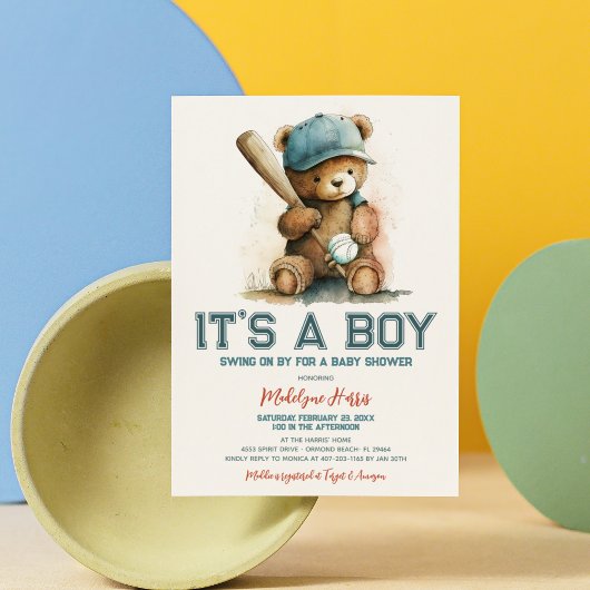 Baseball Teddy Bear Watercolor Boy Babydusche Einladung