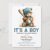 Baseball Teddy Bear Watercolor Boy Babydusche Einladung (Vorderseite)