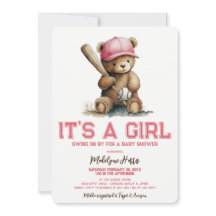 Baseball  Teddy Bear Watercolor Girl Baby Shower 