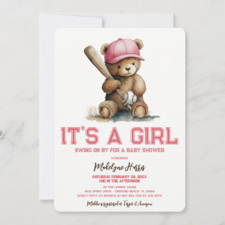 Baseball  Teddy Bear Watercolor Girl Baby Shower  Einladung