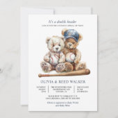 Baseball Teddy Bears Twins Baby Dusche Einladung (Vorderseite)