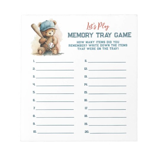 Baseball Teddy Boy Baby Shooting Memory Tray Game Notizblock (Vorderseite)