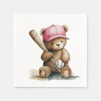 Baseball Teddy Pink Hat Bat Ball Baby Girl Serviette