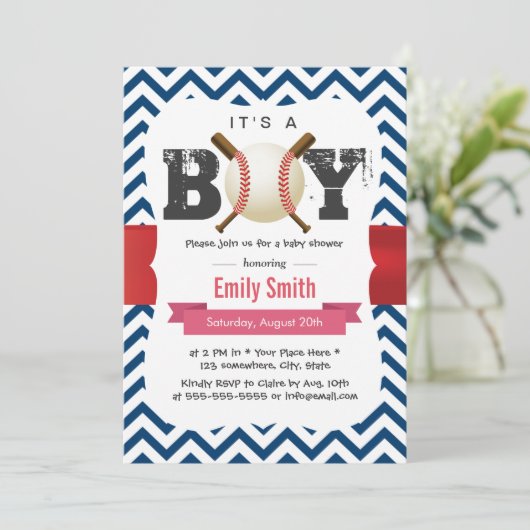 Baseball Theme Blue Zickzack Es ist eine Baby-Dusc Einladung (Stehend Vorderseite)