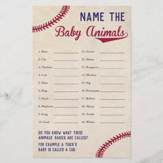 Baseball Themed Baby Dusche Baby Animal Name Spiel Flyer (Vorne)