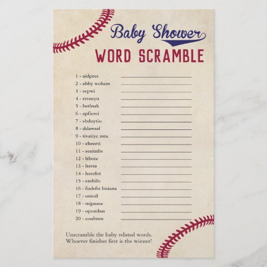 Baseball Themed Baby Dusche Word Scramble Spiel Flyer (Vorne)