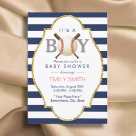 Baseball Themed Boy Navy Blue Stripes Baby Dusche Einladung