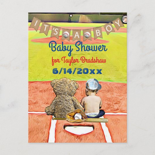 Baseball Themed Boy's Baby Shower Einladung Postkarte (Vorderseite)