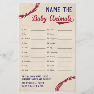 Baseball-Themen-Baby-Party: Baby-Tier-Namen-Spiel Flyer