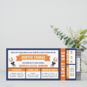 Baseball Ticket Baby Dusche, blau, orange Einladung (Stehend Vorderseite)
