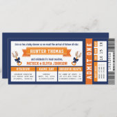 Baseball Ticket Baby Dusche, blau, orange Einladung (Vorne/Hinten)