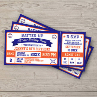 Baseball Ticket Geburtstag Party Blue Orange Einladung