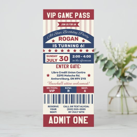 Baseball Ticket Geburtstagsparty Einladung (Stehend Vorderseite)