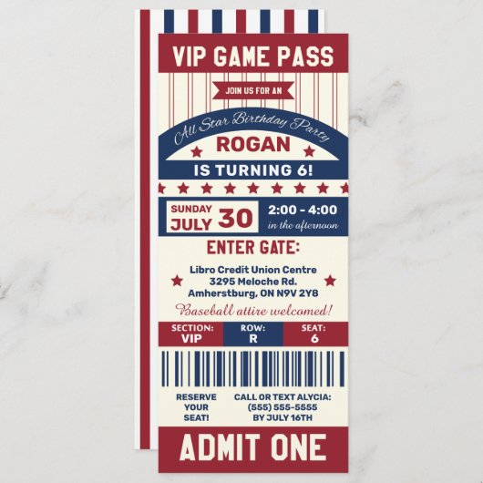 Baseball Ticket Geburtstagsparty Einladung (Vorne/Hinten)