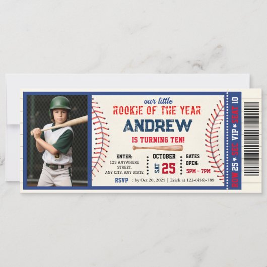 Baseball Ticket kleine Rookie Geburtstag Mit Foto Einladung (Vorderseite)