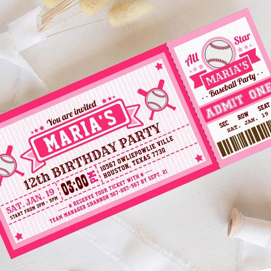 Baseball Ticket Pass Geburtstag Einladung Rosa