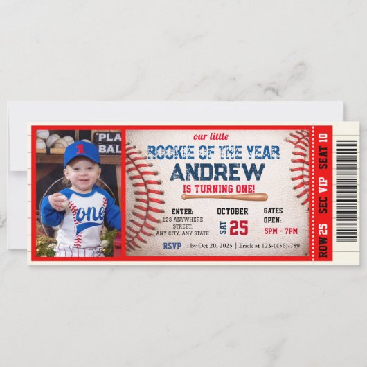 Baseball-Ticket Roter Geburtstag mit Foto Einladung (Vorderseite)