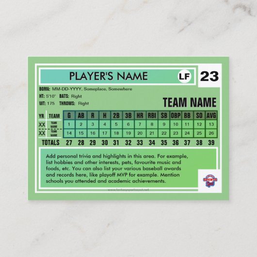 Baseball Trading Card Blue/Grn Frt - Benutzerdefin Telefonnummerkarte (Rückseite)