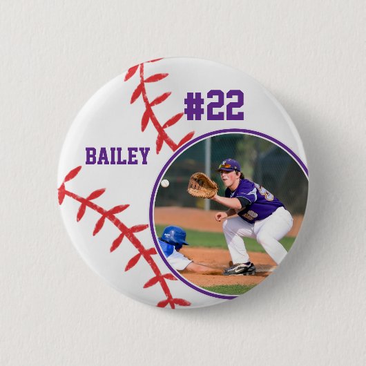 Baseball Trikot Name Rückennummer Violett Foto Button (Vorderseite)