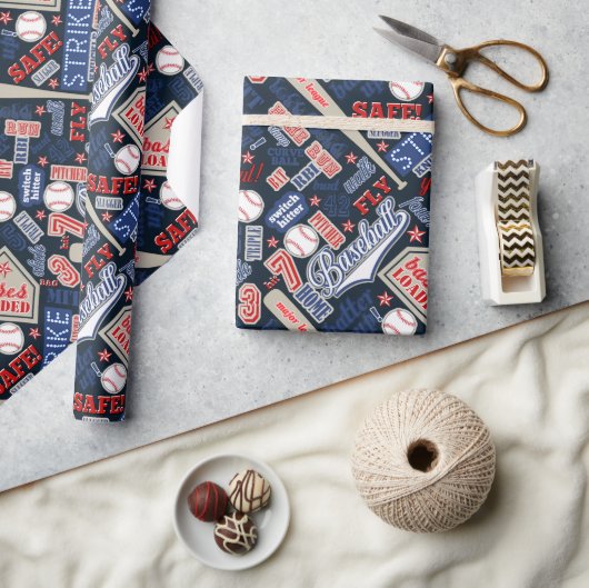 Baseball Typografie Red White Blue ID770 Geschenkpapier (Kunsthandwerk)