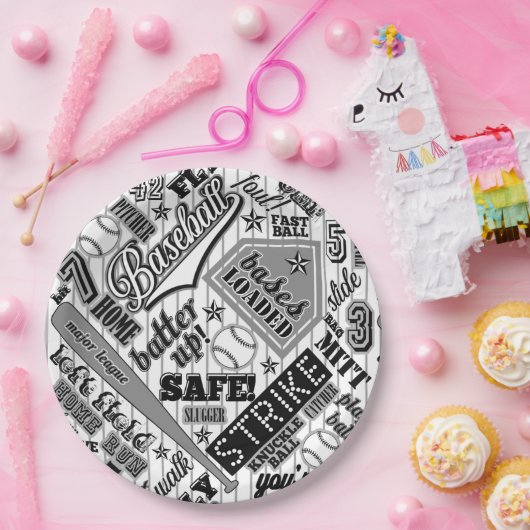 Baseball Typografie Schwarz-weiß Streifen ID770 Pappteller (Party)