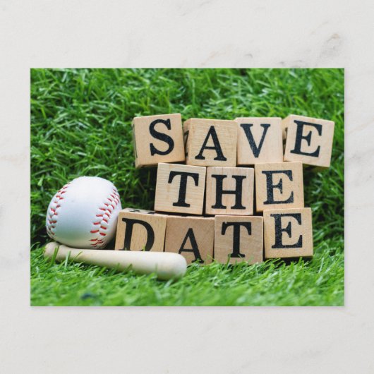 Baseball und Fledermaus, Save the Date auf grünem  Postkarte (Vorderseite)