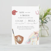 Baseball & Unicorn Siblings Joint Birthday Einladung (Stehend Vorderseite)