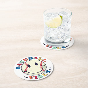 Baseball Vibes Happy Face Ball Runder Pappuntersetzer