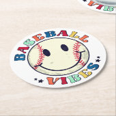Baseball Vibes Happy Face Ball Runder Pappuntersetzer (Angewinkelt)