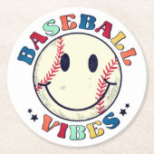 Baseball Vibes Happy Face Ball Runder Pappuntersetzer (Vorderseite)