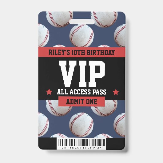Baseball VIP Geburtstagsparty Guest Pass Ausweis (Vorderseite)