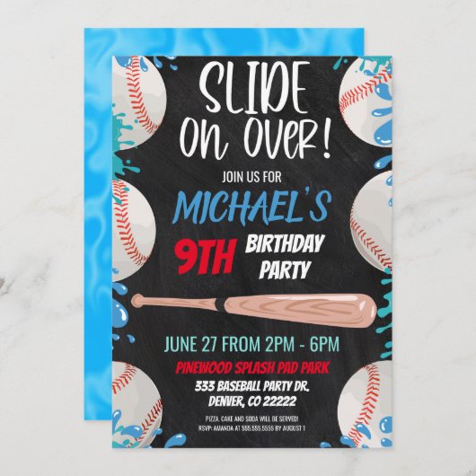 Baseball Waterslide Geburtstagsparty Einladung (Vorne/Hinten)