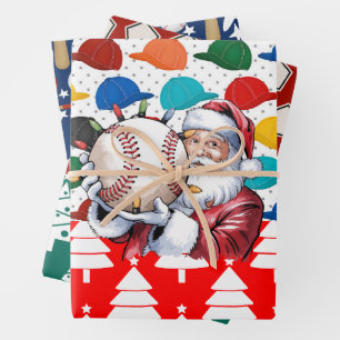 Baseball Weihnachten mit Weihnachtsmann thematisie Geschenkpapier Set