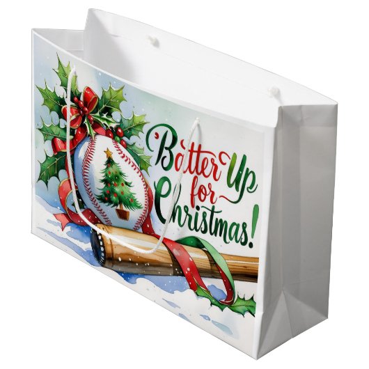 Baseball Weihnachten Thema Batter Up für Weihnacht Große Geschenktüte (Vorderseite Schrägansicht)
