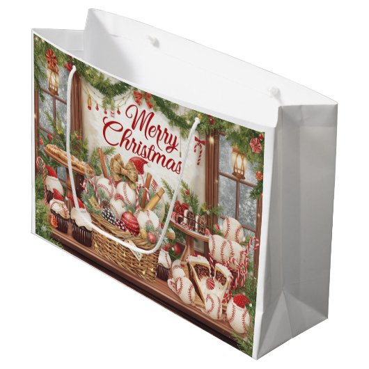 Baseball Weihnachten Thema in Bäckerei Große Geschenktüte (Vorderseite Schrägansicht)