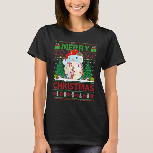 Baseball Xmas Tree Ugly Santa Baseball Christmas T-Shirt (Vorderseite)