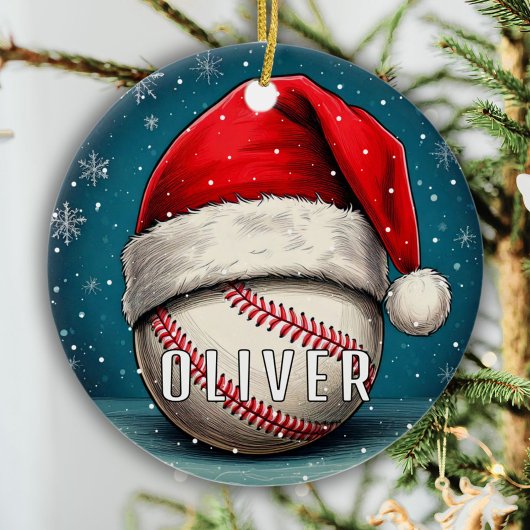 Baseballball mit Weihnachtsmannmütze Schneeflocken Keramik Ornament