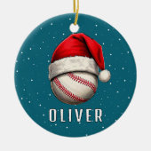 Baseballball mit Weihnachtsmannmütze Schneeflocken Keramik Ornament (Vorne)