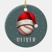 Baseballball mit Weihnachtsmannmütze Schneeflocken Keramik Ornament (Hinten)
