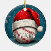 Baseballball mit Weihnachtsmannmütze Schneeflocken Keramik Ornament (Hinten)