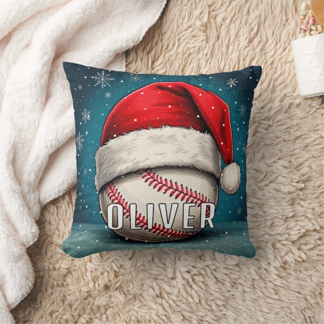 Baseballball mit Weihnachtsmannmütze Schneeflocken Kissen (Decke)