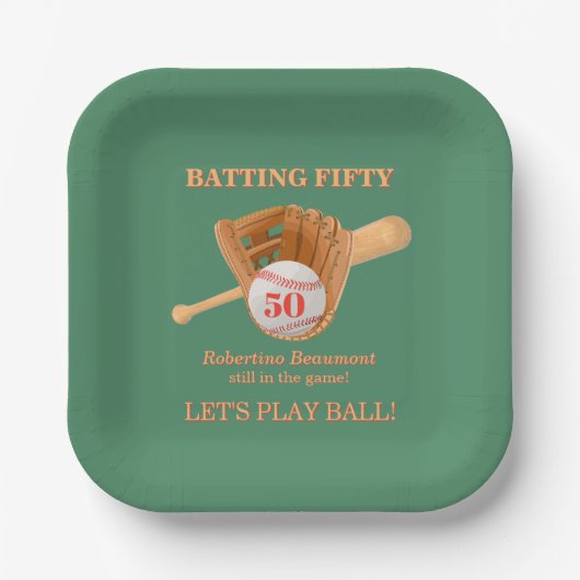 Baseballhandschuh Batting Fifty Männer 50. Geburts Pappteller (Vorderseite)